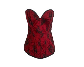 90's Corset Black Red Top by Shirley of Hollywood Floral Lace Bustier Festival Grunge Boho Gothic Satin Lace Vintage 90's Corset Top Size-36