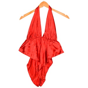 80&#39;s Satin Bodysuit Red Satin Plunging Neckline 80&#39;s Backless Bodysuit High Leg Red Satin Plunge Neck Bodysuit  Grunge Cocktail 70&#39;s  M