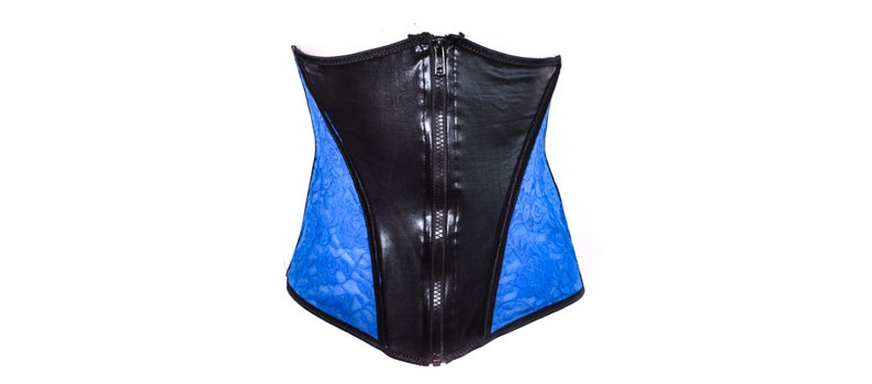 Y2K Corset Top 90's Bustier Top Zipper PVC Wetlook Floral Black Blue Lace Bustier Festival Grunge Boho Gothic Strapless Crop Top Corset M image 3