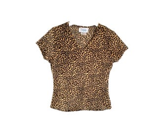 90s Velvet Animal Top Grunge Leopard Print Top  Vintage 1990's Gold Black Crop Waist Stretchy V Neck Festival Grunge Size - Medium/M
