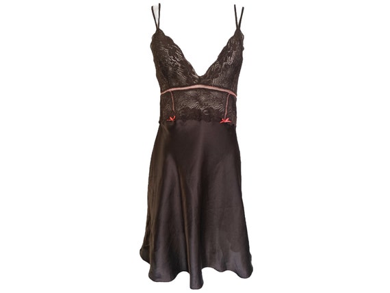 Brown Satin Slip Dress Y2k Mini Party Dress Spagh… - image 1