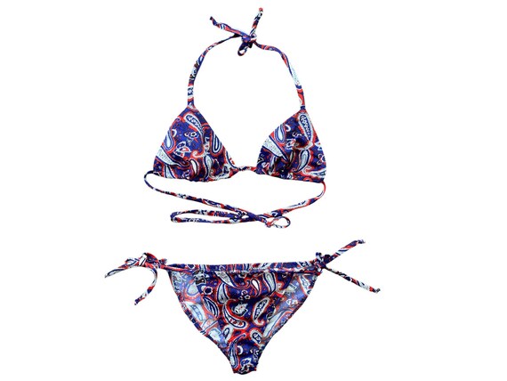 Y2K Floral Paisley Bikini Two Piece Swimsuit 90s Bathing Suit Blue White Set Boho Vintage Retro 00 s High Rise String Bikini 00s M Etsy UK