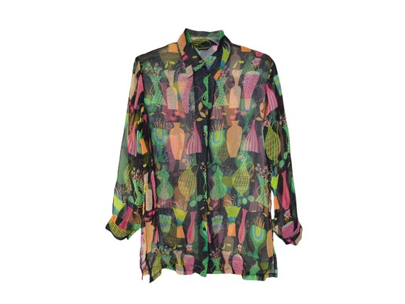 90's Sheer Shirt Blouse Black Multicolor Shirt 90… - image 9