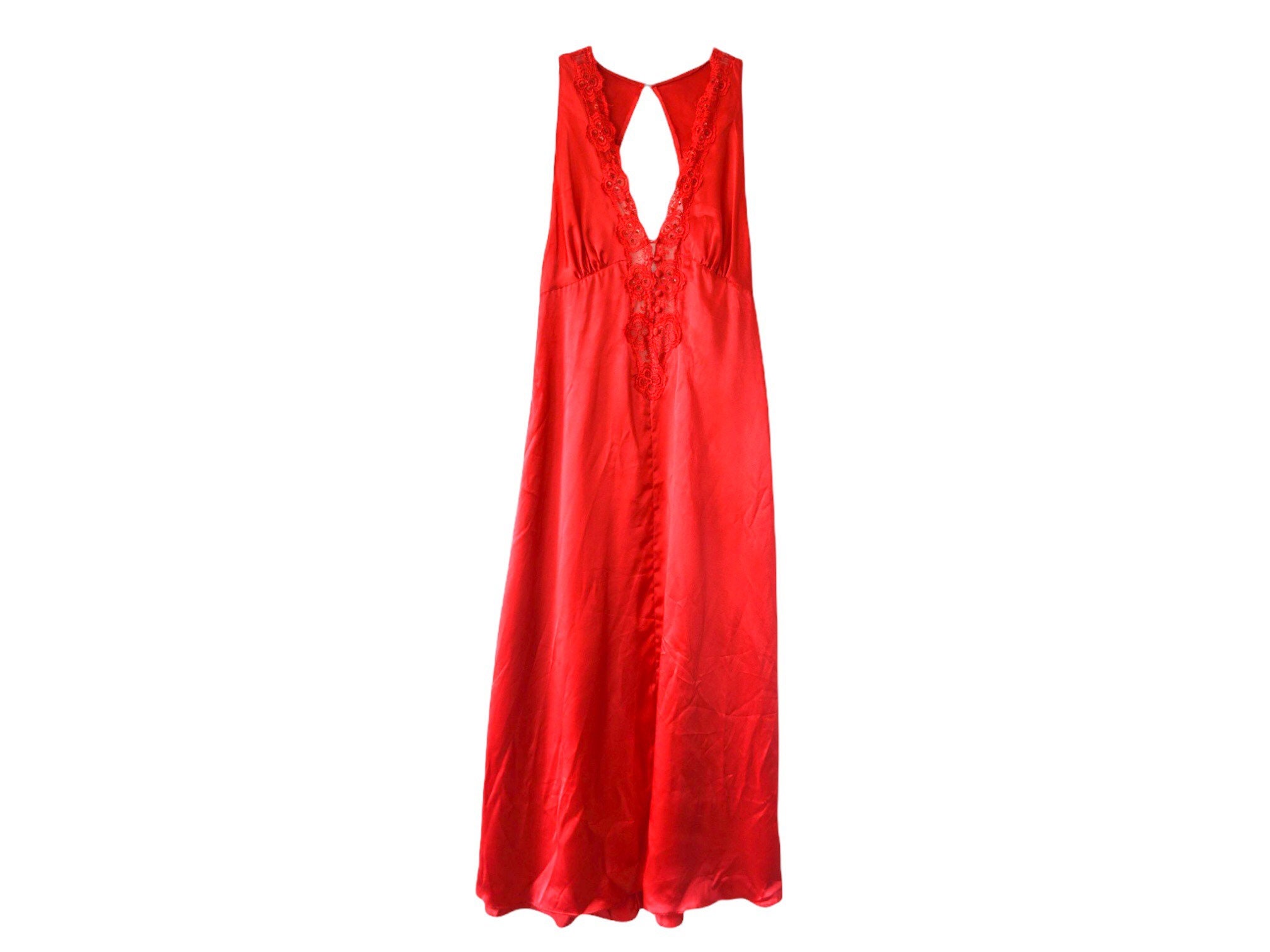 80's Red Satin Slip Dress Vintage Low Back Plunging V