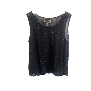 90&#39;s Black Sequin Tank Black Blouse Vintage 90&#39;s Festival Party  Sequin Cocktail Romantic See Through Sheer Blouse Small/S