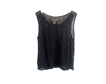 90's Black Sequin Tank Black Blouse Vintage 90's Festival Party  Sequin Cocktail Romantic See Through Sheer Blouse Small/S