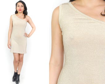 GOLD ASYMMETRIC DRESS. 90's Vintage One Shoulder Mini Dress. Gold Metallic Silver Sparkle Glitter. A Line Mini Dress. Size Small Medium