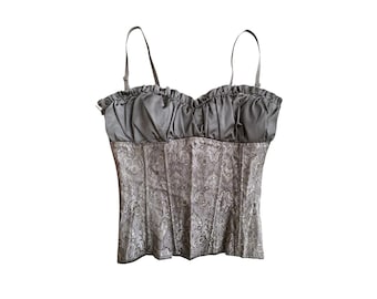 Floral Bustier Silver Corset Boned Y2k Floral Lace Strapless Vintage 1990s Grunge Goth Romantic Corset Cinched Waist Ribbon Bows Ties- XL
