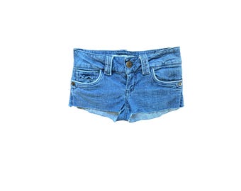 Y2K Denim Shorts Low Waisted Blue Jean Micro Shorts  2000s Denim Jean Shorts Vintage Low Rise Waist Shorts Ruffled Pockets-3- XS-Extra Small