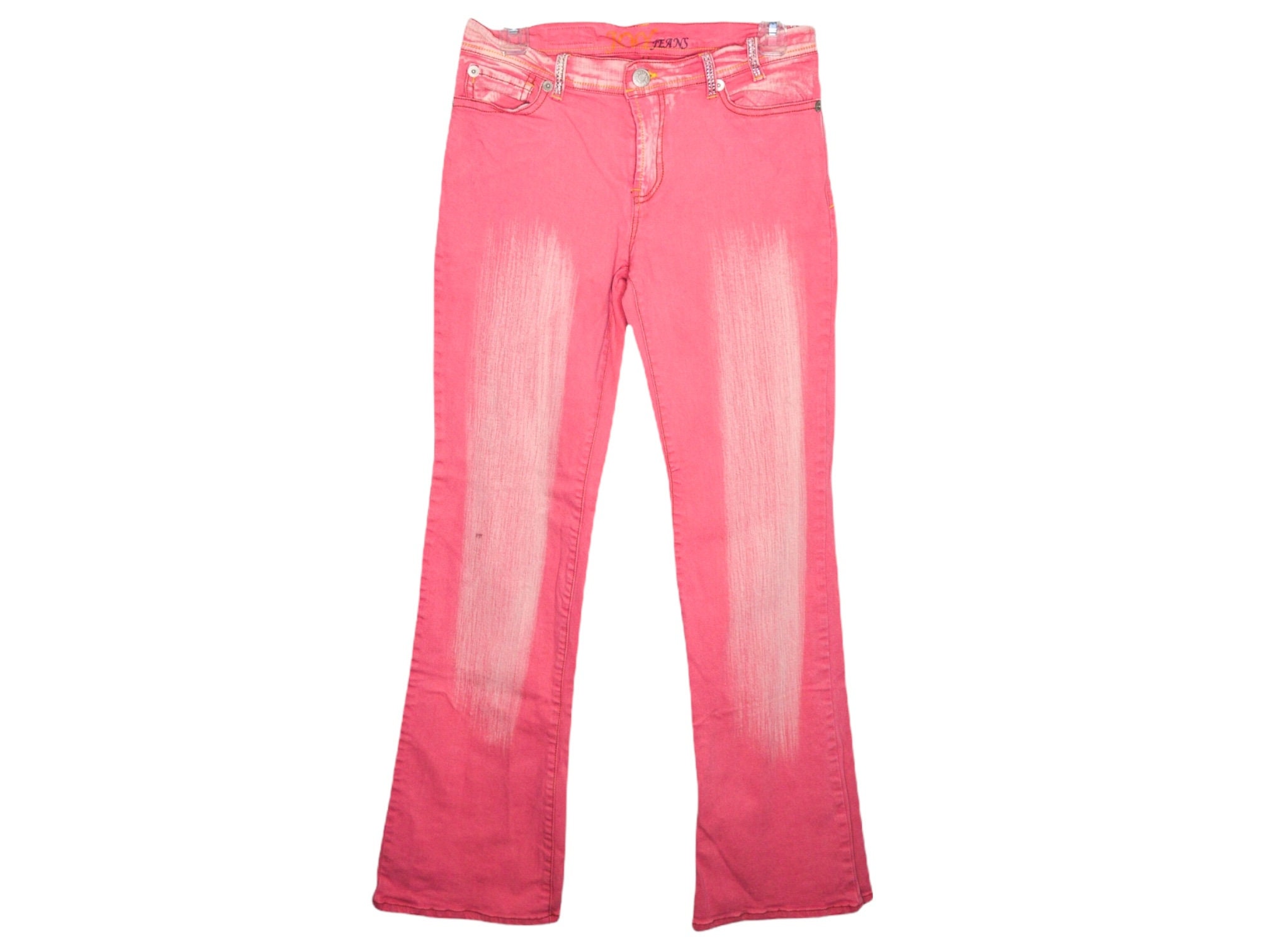 Y2K Pink Jeans Flare Denim Jeans Rhinestone Pockets Low Waisted
