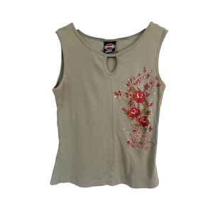 Harley Davidson Tank Top Y2K Green Floral Rhinestone Harley Tee Moto Grunge Top Vintage 00&#39;s Cotton Retro Knit Festival Grunge Size Small/S