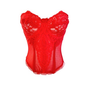 Victoria&#39;s Secret Gold Label Red Lace Bustier Top Mesh RED See Through Bustier Vintage 1980&#39;s Lingerie Festival Grunge Boho Gothic - 36 - M