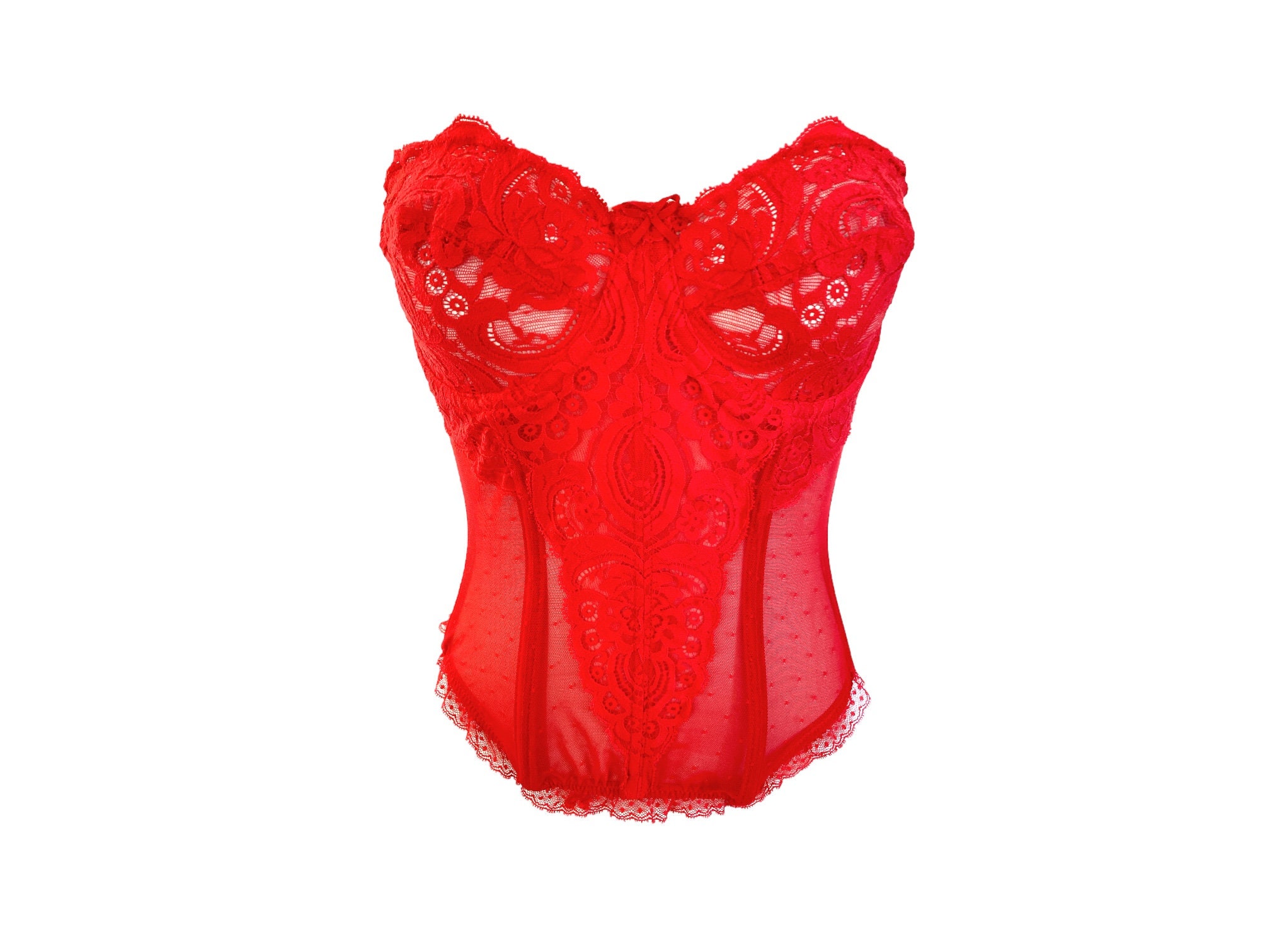Red Lace Frill Detail Bow Strap Corset, Tops