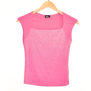 Y2K Pink Blouse Vintage 00s Crop Top Glitter Texture Club Rave Square Neckline 1990s 2000&#39;s Romantic Rave Club Stretchy Fitted   S
