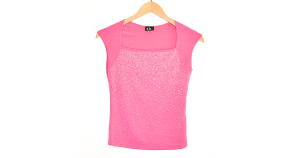 Y2K Pink Blouse Vintage 00s Crop Top Glitter Text… - image 1