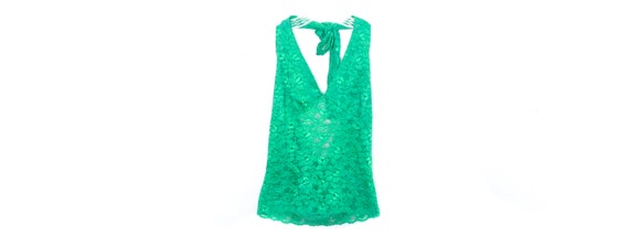 Y2K Green Halter Top Green Floral Lace Halter 00'… - image 1