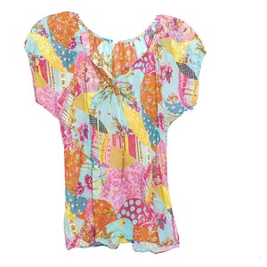 Y2K Floral Peasant Blouse Top Blue Pink Blouse Hippie Shirt Summer Patchwork Floral Shirt See Through Vintage 1990s Y2K Bohemian XS