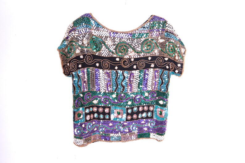 80/'s Sequin Blouse Top 80s Disco Shirt Shiny Purple Green Blue Geometric Bohemian Party Glam Sequin 80s Vintage Cocktail Medium