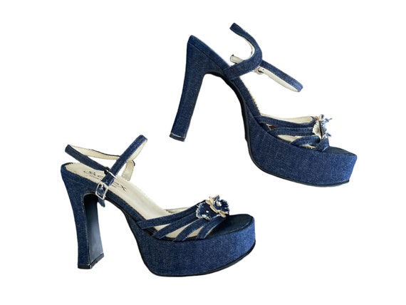 90's Denim Platform Sandal  90's Jean High Heels … - image 1