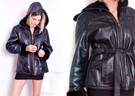 Hooded Leather Jacket Black Coat 90s Leather Hoodie Faux SHERPA 