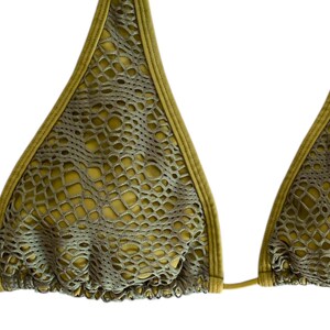 May include: A green bikini top with a mesh and snakeskin pattern.
