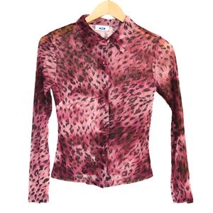 Y2K Shirt Pink Black Top Mesh Leopard Sheer Blouse Shirt Rave Club Glitter Animal Pattern Stretchy SeeThrough Mesh Vintage 90s Y2K- S