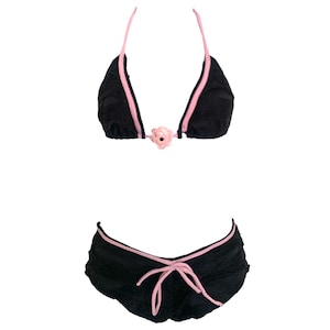 Y2K Volangbikini Tvådelad Baddräkt 90-tal Svart Rosa Baddräkt Rosa Kort Bikiniset Vintage 200-tal Lågmidjad Volangbikini 1990-tal S/M