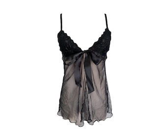 Top preto Y2K com renda transparente e renda floral, estilo boho romântico, vintage, anos 2000, com amarração na cintura, lingerie vintage dos anos 90 - tamanho P/P