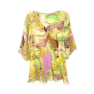 Y2K Silk Shirt Floral Psychedelic V Neck Blouse Romantic Cocktail 70's Print Silk Shirt Empire Waist Half Flare Sleeve Vintage Blouse  - S