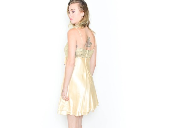 Y2K Gold Party Dress 1990s Cocktail Satin SEQUIN … - image 4