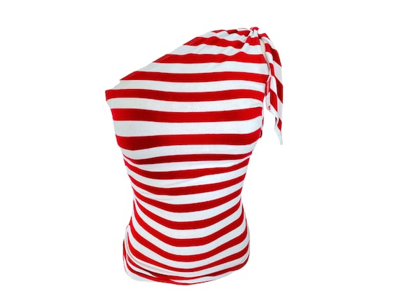 One Shoulder Blouse 90s Stripe Cut Out Top Boho G… - image 2