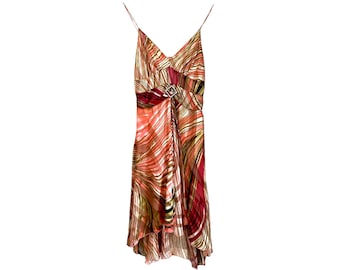 Robe en satin rose Y2k Mini robe de soirée Spaghetti Strap Asymétrique Robe de sortie Glam Cocktail Rose Orange Swirly Chiffon vintage -XS - S