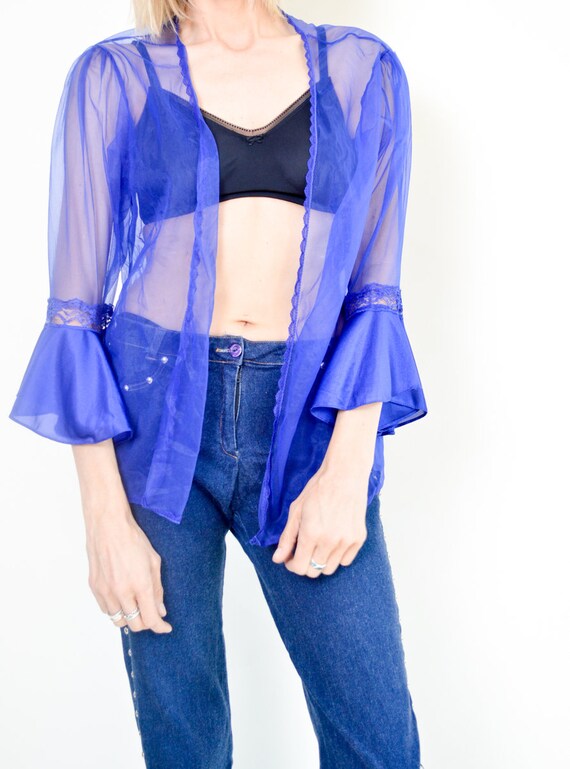 Blue Ruffle Shirt 1990s Blue  Pajama Sheer Shirt … - image 3