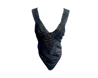 Black Lace Bodysuit 90's Mesh Lace Sheer Black Bodysuit Festival Grunge Blouse See Through Floral Lace Gothic Vintage 80's Lingerie- M