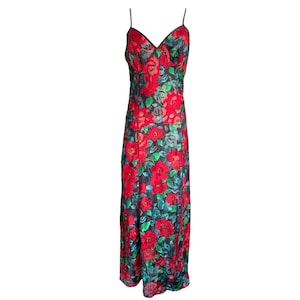 90&#39;s Victoria Secret Sheer Floral Slip Dress Long Dress Lingerie Red Green Black Vintage 1990&#39;s Gold Label Slip Slit Thigh V Neck  -Large/L