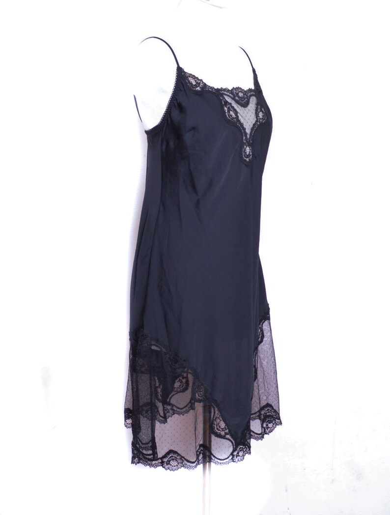 90s Satin Slip Dress Mini Lingerie Black Satin Slip Lace Trim Vintage Spaghetti Strap 1990s V Neck Line Victoria/'s Secret Size L