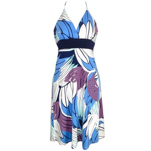 Y2K Floral Halter Dress 90s Blue, Purple, White Floral Midi Dress Party Vintage 1990s Backless Halter Neck Grunge Hipster Cocktail Dress - S