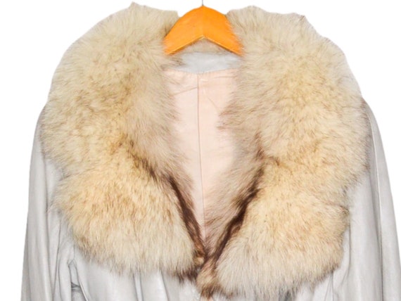 70's Cream Leather Jacket White Fur Collar Belted… - image 5