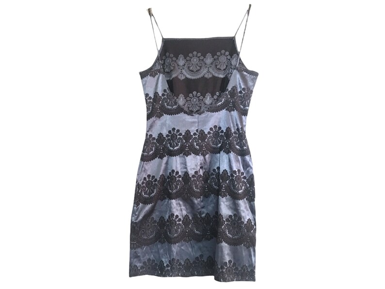 Puede incluir: Un vestido azul y negro sin mangas con un patr&oacute;n de encaje. El vestido tiene un corpi&ntilde;o ajustado y una falda fluida.