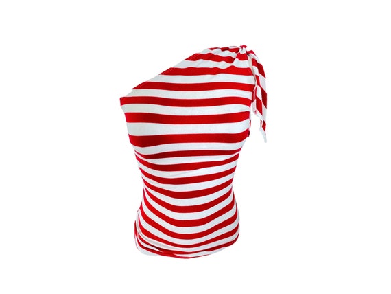 One Shoulder Blouse 90s Stripe Cut Out Top Boho G… - image 1