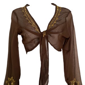 Puede incluir: Una blusa transparente de color marr&oacute;n con mangas largas, cierre frontal de lazo y escote en V profundo. La prenda est&aacute; decorada con bordados de color dorado y peque&ntilde;as lentejuelas met&aacute;licas a lo largo del cuello y los pu&ntilde;os.