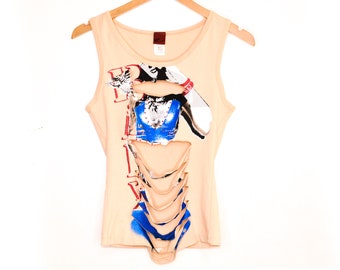 Y2K Tank Top Slashed Blouse 2000's Cream Newspaper Grunge Top Vintage Blue White Cutout Retro Knit Tee Shirt  Festival Grunge Size L