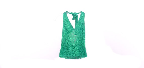 Y2K Green Halter Top Green Floral Lace Halter 00'… - image 2