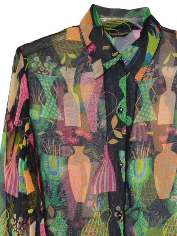 90's Sheer Shirt Blouse Black Multicolor Shirt 90… - image 7