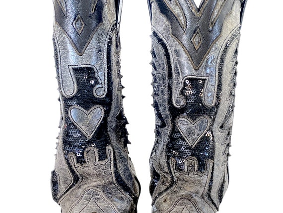 Cowboy Boots Black Gray Low Heeled Boots Sequin B… - image 9