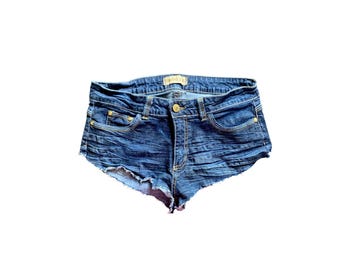Y2K Denim Shorts Low Waisted Blue Jean Micro Shorts 2000's Micro Shorts Vintage Y2k Micro Low Rise Waist Denim Cut Offs- Size 5 - Small/S