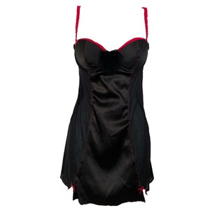 Black 90&#39;s Bustier Slip Mini Dress  Y2K Grunge Goth Romantic Vintage 1990&#39;s Black Mesh Fur Trim Satin Bow Slip Festival Grunge Size-Medium/M