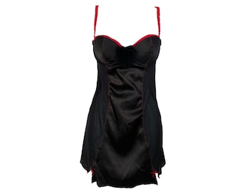 Black 90's Bustier Slip Mini Dress  Y2K Grunge Goth Romantic Vintage 1990's Black Mesh Fur Trim Satin Bow Slip Festival Grunge Size-Medium/M