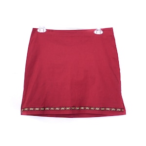 90s Skirt Red Mini Skirt 90s Mini Party Grunge Skirt  1990s Vintage High Waisted Slit Thigh Woven Tribal Trim Cocktail Hipster Large