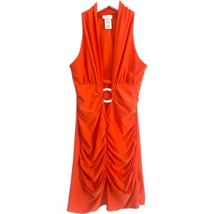 Y2K Plunge Mini Dress V Neck Orange Rhinestone Keyhole Neck 90's Mini Dress Club Romantic Stretchy and Fitted Y2K 2000's  Size Small/S
